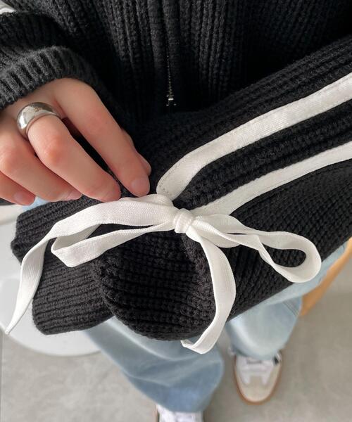 WEGO（ウィゴー）の「WEGO/ラインリボンダブルジップニットパーカー（カーディガン/ボレロ・レディース・アイボリー/ピンク/ブラック・FREE）」の8枚目の写真