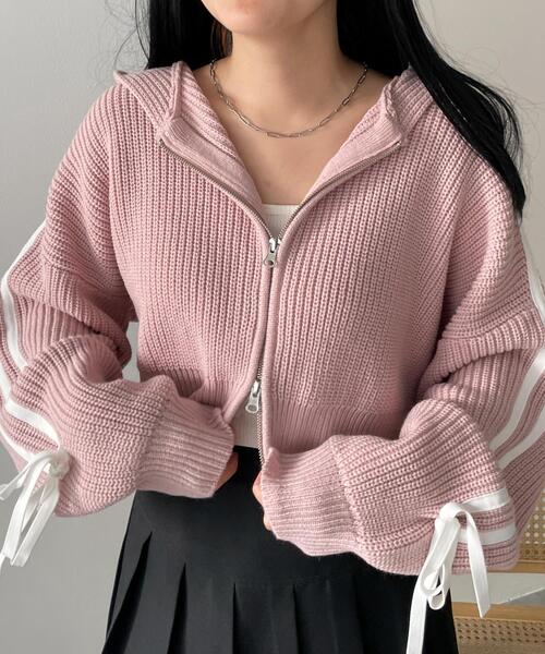 WEGO（ウィゴー）の「WEGO/ラインリボンダブルジップニットパーカー（カーディガン/ボレロ・レディース・アイボリー/ピンク/ブラック・FREE）」の12枚目の写真