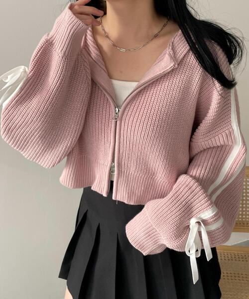 WEGO（ウィゴー）の「WEGO/ラインリボンダブルジップニットパーカー（カーディガン/ボレロ・レディース・アイボリー/ピンク/ブラック・FREE）」の13枚目の写真