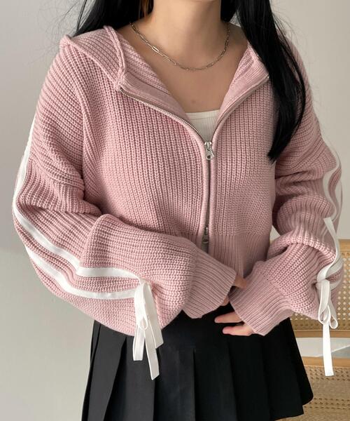 WEGO（ウィゴー）の「WEGO/ラインリボンダブルジップニットパーカー（カーディガン/ボレロ・レディース・アイボリー/ピンク/ブラック・FREE）」の14枚目の写真