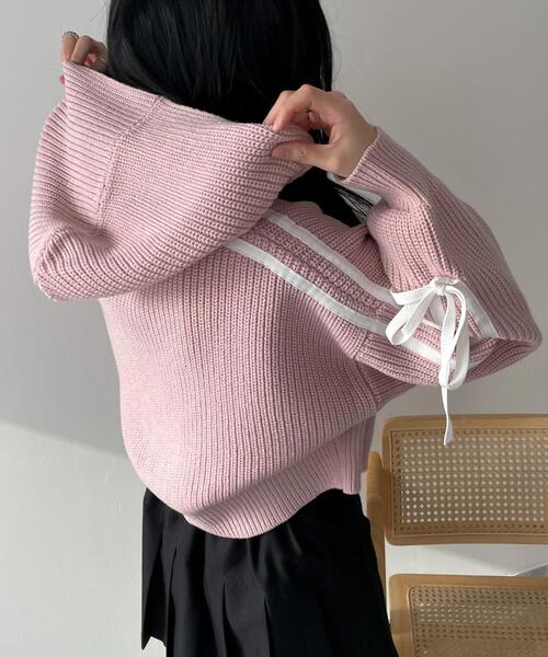 WEGO（ウィゴー）の「WEGO/ラインリボンダブルジップニットパーカー（カーディガン/ボレロ・レディース・アイボリー/ピンク/ブラック・FREE）」の15枚目の写真