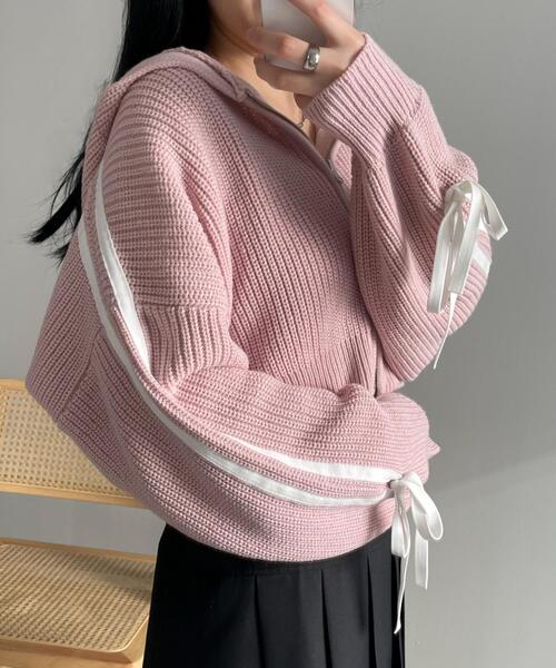 WEGO（ウィゴー）の「WEGO/ラインリボンダブルジップニットパーカー（カーディガン/ボレロ・レディース・アイボリー/ピンク/ブラック・FREE）」の17枚目の写真