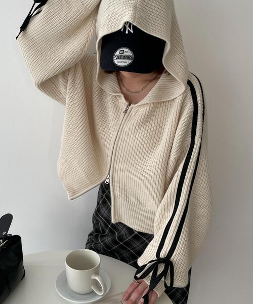 WEGO（ウィゴー）の「WEGO/ラインリボンダブルジップニットパーカー（カーディガン/ボレロ・レディース・アイボリー/ピンク/ブラック・FREE）」の21枚目の写真