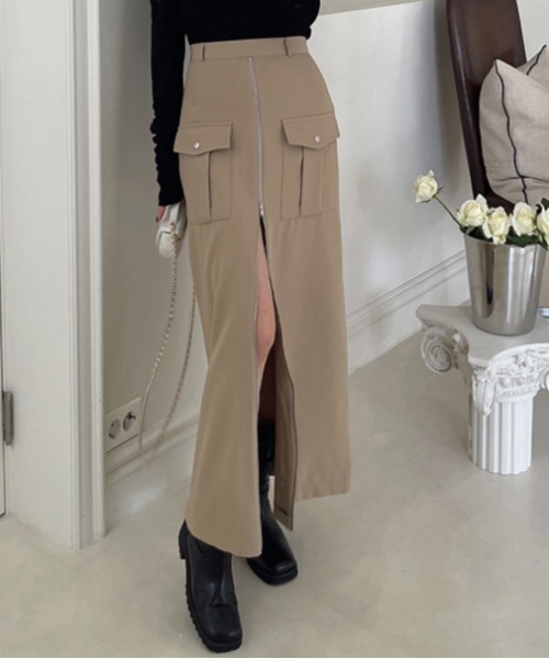 ECLIN（エクラン）の「フロントジップハイウエストロングスカート（スカート・レディース・ベージュ/ブラック・S/M/L/XL）」の2枚目の写真