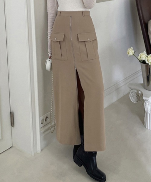 ECLIN（エクラン）の「フロントジップハイウエストロングスカート（スカート・レディース・ベージュ/ブラック・S/M/L/XL）」の5枚目の写真