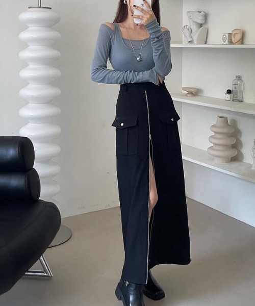 ECLIN（エクラン）の「フロントジップハイウエストロングスカート（スカート・レディース・ベージュ/ブラック・S/M/L/XL）」の6枚目の写真