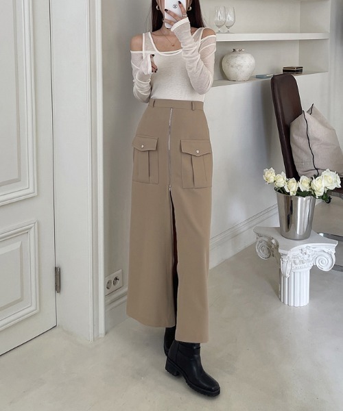 ECLIN（エクラン）の「フロントジップハイウエストロングスカート（スカート・レディース・ベージュ/ブラック・S/M/L/XL）」の9枚目の写真