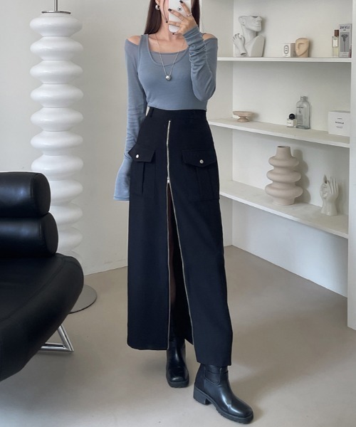 ECLIN（エクラン）の「フロントジップハイウエストロングスカート（スカート・レディース・ベージュ/ブラック・S/M/L/XL）」の11枚目の写真