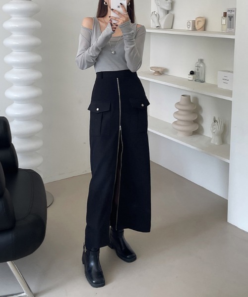 ECLIN（エクラン）の「フロントジップハイウエストロングスカート（スカート・レディース・ベージュ/ブラック・S/M/L/XL）」の13枚目の写真