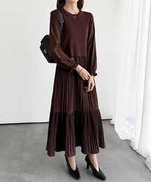 バックリボンベスト付き プリーツワンピース ティアード セットアップ 2way 長袖 ロング ワンピース リボン ベスト ニットベスト 春服 秋服