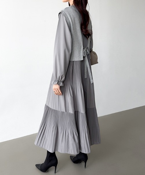 セール】バックリボンベスト付き プリーツワンピース ティアード