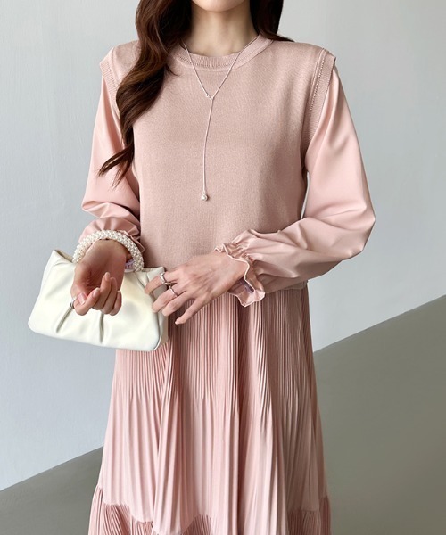 セール】バックリボンベスト付き プリーツワンピース ティアード