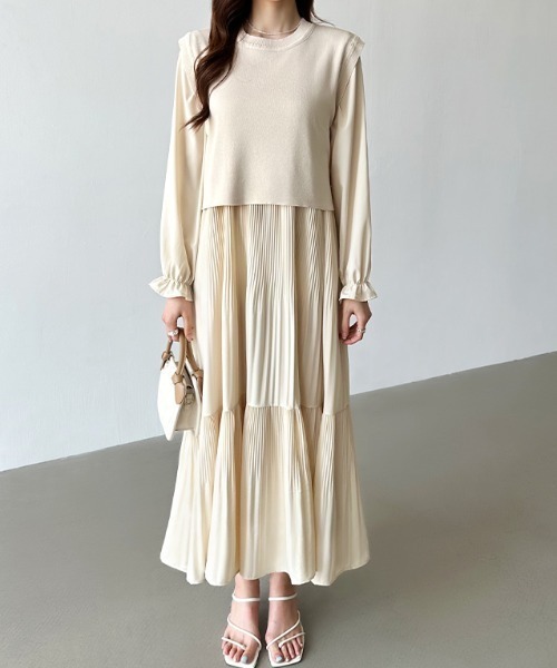 セール】バックリボンベスト付き プリーツワンピース ティアード