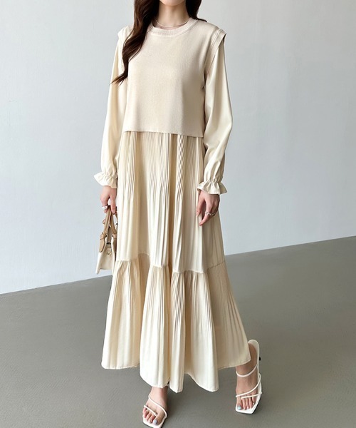 セール】バックリボンベスト付き プリーツワンピース ティアード