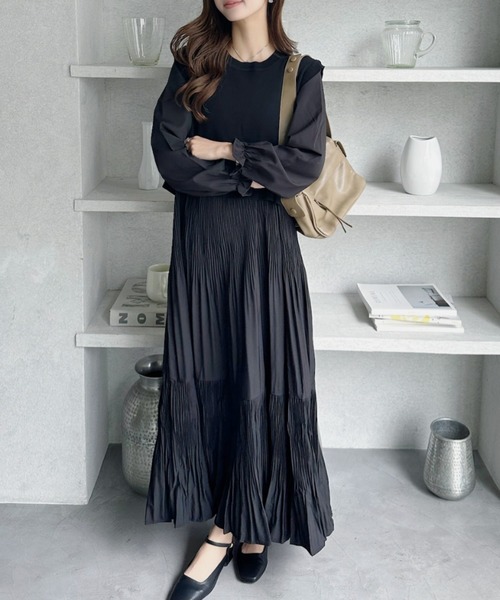 セール】バックリボンベスト付き プリーツワンピース ティアード