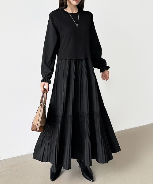 セール】バックリボンベスト付き プリーツワンピース ティアード