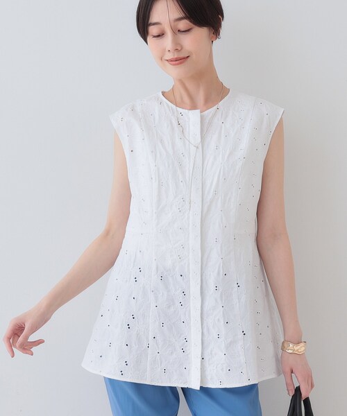 うさと　インディゴ・ ノースリーブ・シャツ セール】春SALE！【洗える】フラワーカット刺繍ノースリーブ