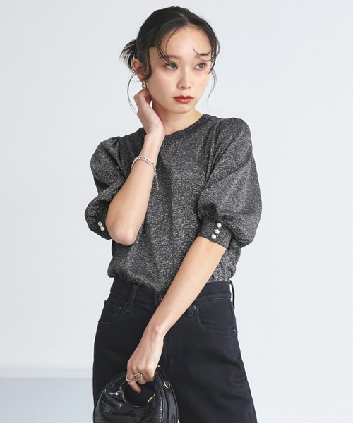 ルイルエブティック RUIRUE BOUTIQUE パールボタンラメパフニット （グリーン） ルイルエブティック RUIRUE BOUTIQUE パールボタンラメパフ