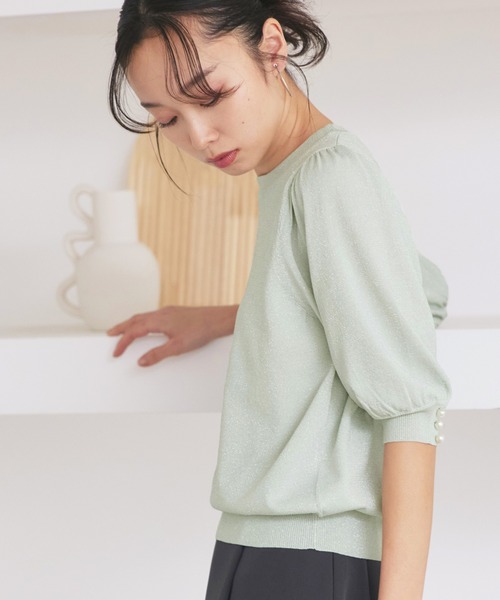 ルイルエブティック RUIRUE BOUTIQUE パールボタンラメパフニット （グリーン） ルイルエブティック RUIRUE BOUTIQUE パールボタンラメパフ