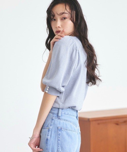 ルイルエブティック RUIRUE BOUTIQUE パールボタンラメパフニット （チャコールグレー） ルイルエブティック RUIRUE BOUTIQUE パールボタンラメパフ