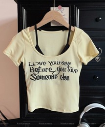 SPIGA | ﾛｺﾞﾌﾟﾘﾝﾄﾚｲﾔｰﾄﾞｲﾝﾅｰﾌﾞﾗﾄｯﾌﾟ付半袖ﾄｯﾌﾟｽ(その他トップス)