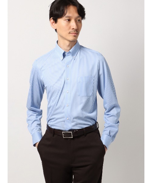 SUIT SQUARE(スーツスクエア)の「最高シャツ ワイシャツ 長袖 ノンアイロンジャージー ボタンダウンカラー FIT ドレスシャツ(ビジネスシャツ・メンズ・ピンク系/ネイビー系・首回り37cm-裄丈80cm/首回り37cm-裄丈84cm/首回り39cm-裄丈82cm/首回り39cm-裄丈86cm/首回り41cm-裄丈84cm/首回り41cm-裄丈88cm/首回り43cm-裄丈86cm/首回り45cm-裄丈86cm)」の2枚目の写真