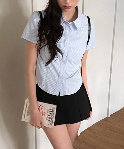 by muni:r（バイ ムニール）の「ストライプ半袖シャツ（シャツ/ブラウス・レディース・ブルー/ホワイト・FREE）」の12枚目の写真