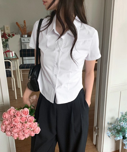 by muni:r（バイ ムニール）の「ストライプ半袖シャツ（シャツ/ブラウス・レディース・ブルー/ホワイト・FREE）」の4枚目の写真