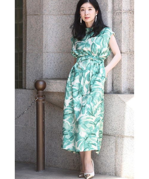 cawaii（カワイイ）の「さらり心地よい南国リーフ柄コクーンシルエットワンピース（リボン付き）（ワンピース・レディース・グリーン・S～Ｍ/L～LL）」の10枚目の写真