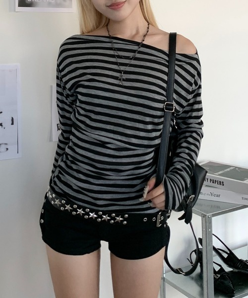 lilful（リルフル）の「オフショル太ピッチボーダーシアーロンT（Tシャツ/カットソー・レディース・ホワイト系その他/グレー系その他・S/M）」の8枚目の写真