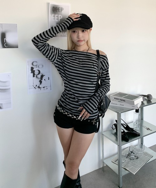 lilful（リルフル）の「オフショル太ピッチボーダーシアーロンT（Tシャツ/カットソー・レディース・ホワイト系その他/グレー系その他・S/M）」の10枚目の写真