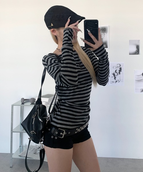 lilful（リルフル）の「オフショル太ピッチボーダーシアーロンT（Tシャツ/カットソー・レディース・ホワイト系その他/グレー系その他・S/M）」の7枚目の写真