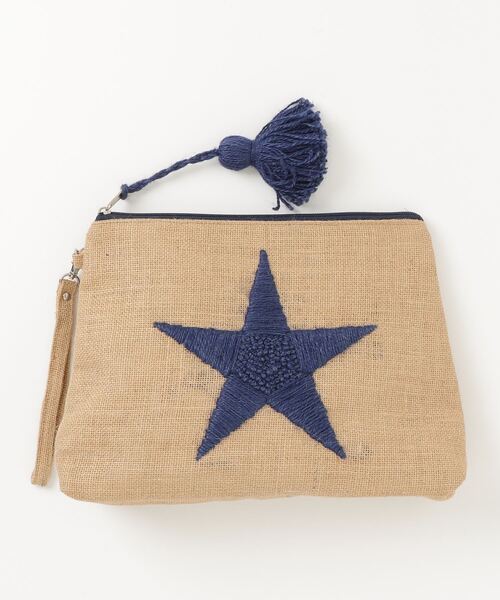 MAISON mou(メゾンムー)の「【Swaraj/スワラージ】両面手刺繍ジュート(L) スター(クラッチバッグ・レディース・ホワイト/ネイビー・FREE)」の2枚目の写真