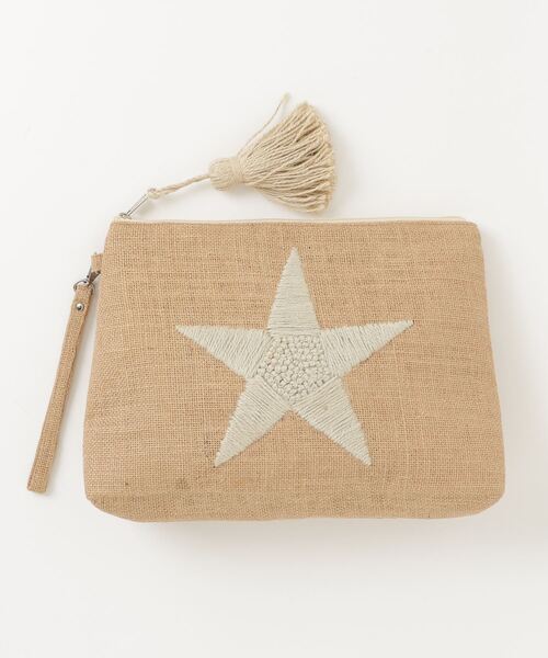 MAISON mou(メゾンムー)の「【Swaraj/スワラージ】両面手刺繍ジュート(L) スター(クラッチバッグ・レディース・ホワイト/ネイビー・FREE)」の1枚目の写真