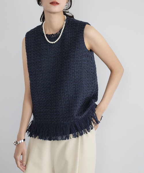 セール】【2025AW】ミックスツイード フリンジ ノースリーブ