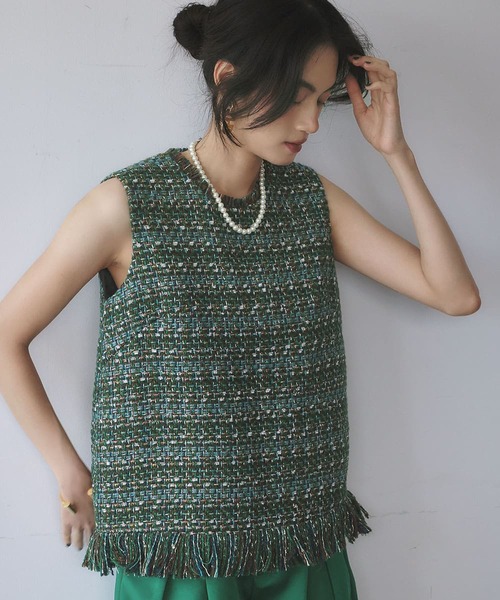 セール】【2025AW】ミックスツイード フリンジ ノースリーブ