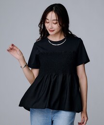 【コットン100/洗える/Tシャツ】シャーリングドッキングペプラム