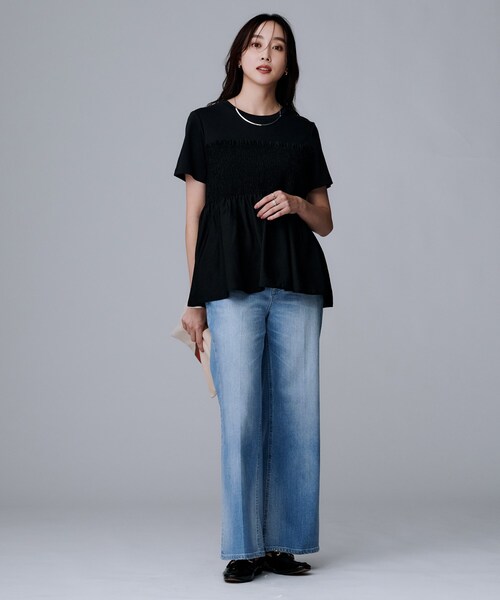 UNTITLED(アンタイトル)の「【コットン100/洗える/Tシャツ】シャーリングドッキングペプラム(Tシャツ/カットソー・レディース・ベージュ系4/ブラック・44/04/02/00/50/48)」の6枚目の写真