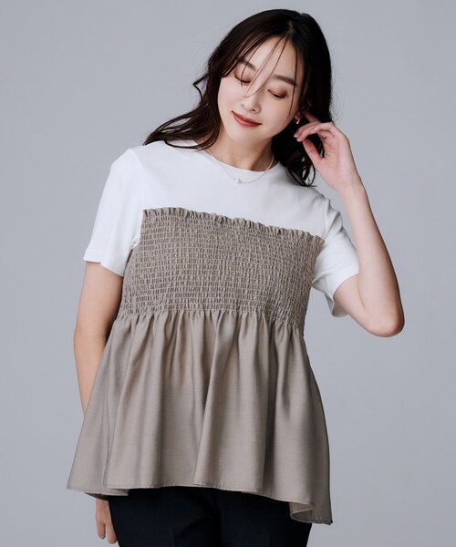 UNTITLED(アンタイトル)の「【コットン100/洗える/Tシャツ】シャーリングドッキングペプラム(Tシャツ/カットソー・レディース・ベージュ系4/ブラック・44/04/02/00/50/48)」の9枚目の写真