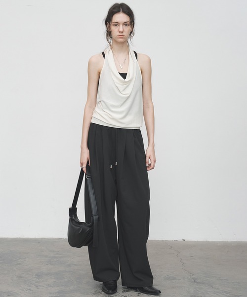 tageechita（タジチタ）の「【tageechita】カーブライン ドローストリングワイドスラックス（スラックス・レディース・アイボリー/ブラック・S/M/L）」の4枚目の写真