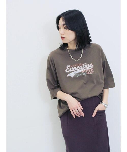 Samansa Mos2 blue(サマンサモスモスブルー)の「ヴィンテージ風プリントTシャツ(Tシャツ/カットソー・レディース・ブラウン/チャコールグレー/ライトベージュ・F)」の13枚目の写真