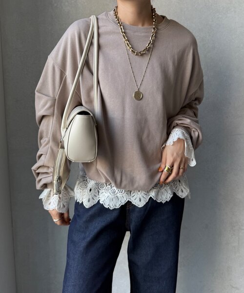 DouDou（ドゥドゥ）の「【WEB限定】裏毛袖タックプルオーバー（Tシャツ/カットソー・レディース・グレー/ブラック/グレイッシュベージュ・FREE）」の5枚目の写真