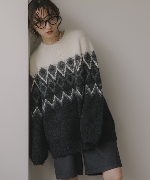 210nouve（トゥージュヌーブ）の「ノルディック柄 ルーズ シャギーニット（ニット/セーター・レディース・アイボリー/ブラウン/ネイビー/ブラウン系その他・FREE）」の2枚目の写真