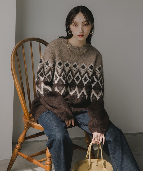 210nouve（トゥージュヌーブ）の「ノルディック柄 ルーズ シャギーニット（ニット/セーター・レディース・アイボリー/ブラウン/ネイビー/ブラウン系その他・FREE）」の6枚目の写真