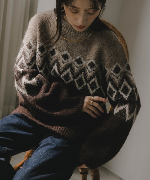 210nouve（トゥージュヌーブ）の「ノルディック柄 ルーズ シャギーニット（ニット/セーター・レディース・アイボリー/ブラウン/ネイビー/ブラウン系その他・FREE）」の5枚目の写真