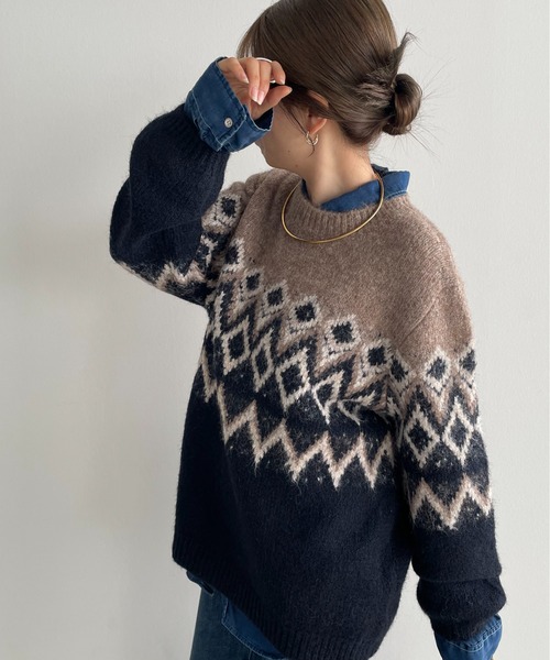 210nouve（トゥージュヌーブ）の「ノルディック柄 ルーズ シャギーニット（ニット/セーター・レディース・アイボリー/ブラウン/ネイビー/ブラウン系その他・FREE）」の19枚目の写真
