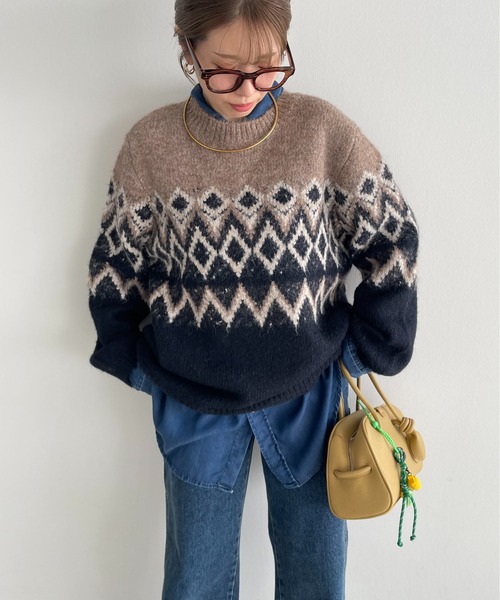 210nouve（トゥージュヌーブ）の「ノルディック柄 ルーズ シャギーニット（ニット/セーター・レディース・アイボリー/ブラウン/ネイビー/ブラウン系その他・FREE）」の20枚目の写真
