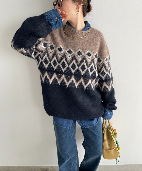 210nouve（トゥージュヌーブ）の「ノルディック柄 ルーズ シャギーニット（ニット/セーター・レディース・アイボリー/ブラウン/ネイビー/ブラウン系その他・FREE）」の18枚目の写真