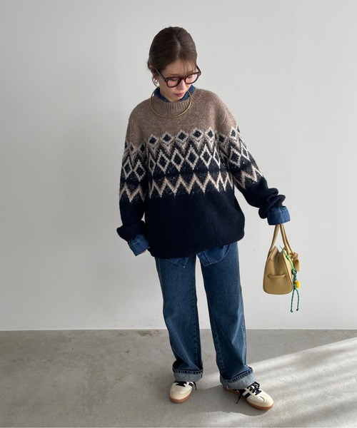 210nouve（トゥージュヌーブ）の「ノルディック柄 ルーズ シャギーニット（ニット/セーター・レディース・アイボリー/ブラウン/ネイビー/ブラウン系その他・FREE）」の21枚目の写真