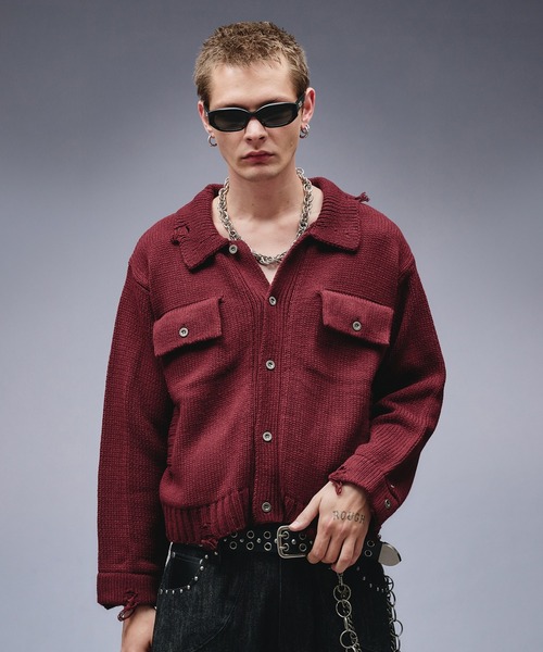ANDER HUNK（アンダーハンク）の「Dameged W-pocket Knit Jacket / ダメージWポケットニットジャケット（ニット/セーター・メンズ・ブラウン/バーガンディー/ブラック・SMALL/MEDIUM/LARGE）」の3枚目の写真